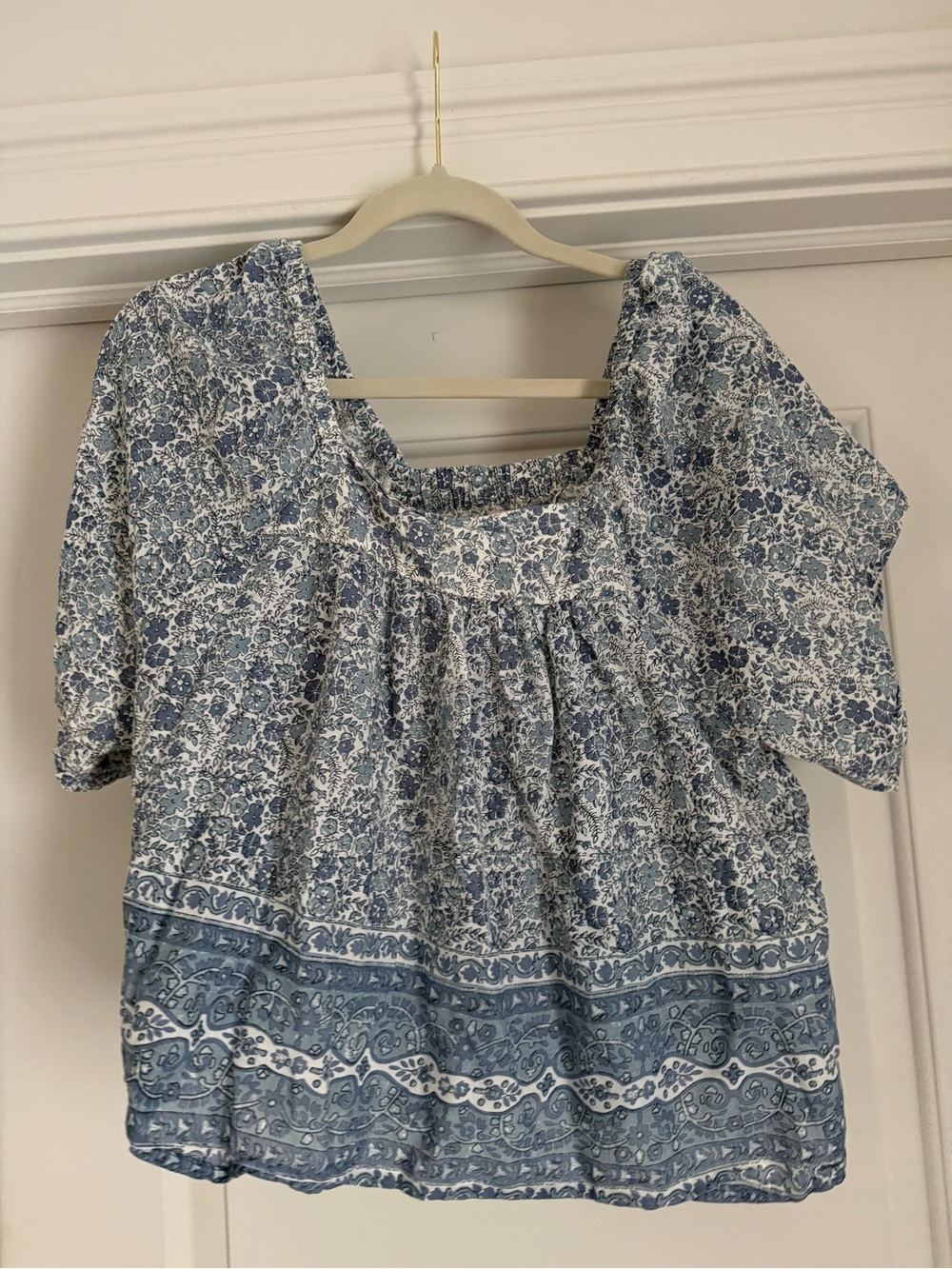Pink Chicken Blue and White Floral Peasant Blouse
